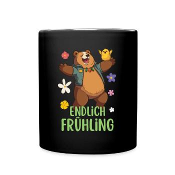 "Endlich Frühling" Lustiger Spruch mit cartoon Bär - Tasse einfarbig - Schwarz - Vorne