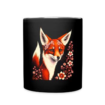Foxes Japanese Cherry Blossom Flower Kitsune Fox - Full Colour Mug - black - Front