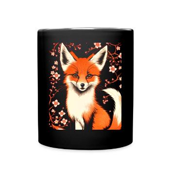 Foxes Japanese Cherry Blossom Flower Kitsune Fox - Full Colour Mug - black - Front