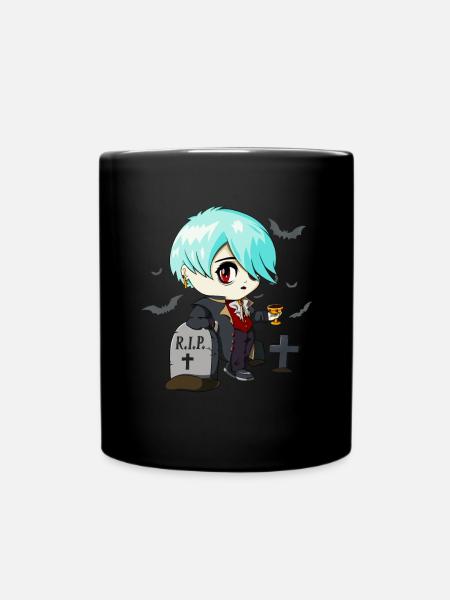 Gothic Vampire Emo Anime Goth Chibi On Graveyard - Full Colour Mug - black