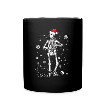 Skelett spielt Saxophon Katze Weihnachtsmütze - Tasse einfarbig - Schwarz - Vorne