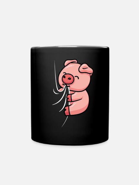 Hungriges Schwein Beisst in Shirt - Tasse einfarbig - Schwarz