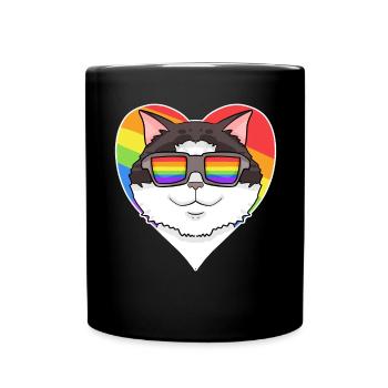 Regenbogen - Katze Ragdoll mit Brille und Herz - Tasse einfarbig - Schwarz - Vorne