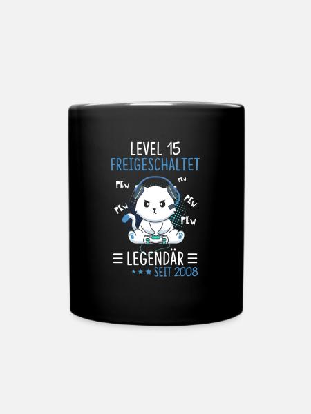 Level 15 Jahre Geburtstagsshirt Katze Gamer - Tasse einfarbig - Schwarz