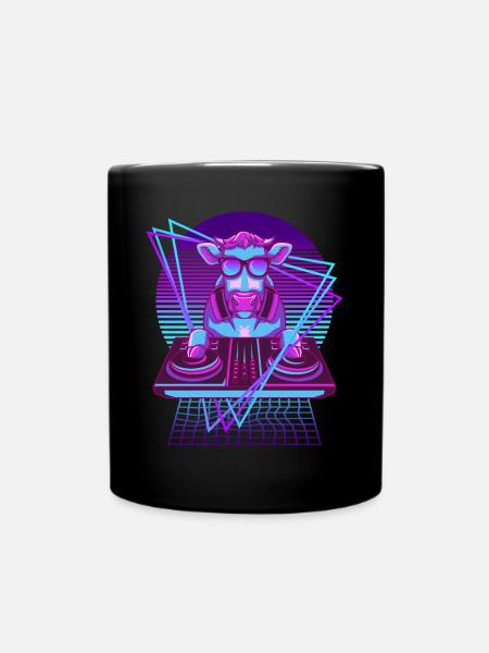 Party Music Techno Cattle Vaporwave DJ Cow - Full Colour Mug - black