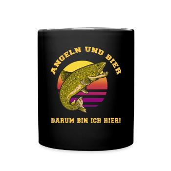 Angeln und Bier darum bin ich hier Angler Sprüche - Tasse einfarbig - Schwarz - Vorne