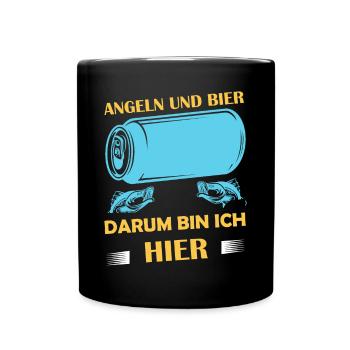 Angeln und Bier darum bin ich hier Angler Sprüche - Tasse einfarbig - Schwarz - Vorne