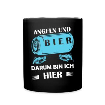 Angeln und Bier darum bin ich hier Angler Sprüche - Tasse einfarbig - Schwarz - Vorne