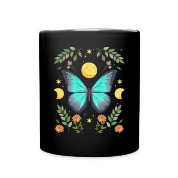 Cottagecore Monarch Butterfly Flowers Moon - Full Colour Mug - black - Front