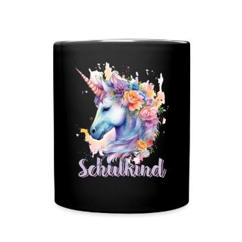 Einhorn Blumen Schulkind Einschulung 2023 - Tasse einfarbig - Schwarz - Vorne