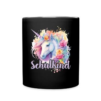 Einhorn Blumen Schulkind Einschulung 2023 - Tasse einfarbig - Schwarz - Vorne