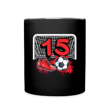 15. Geburtstag Fußball - Tasse einfarbig - Schwarz - Vorne