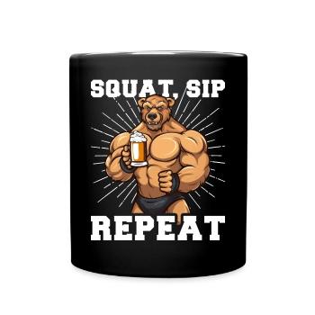 Bodybuilder Gym Beer Squat Sip Repeat - Full Colour Mug - black - Front
