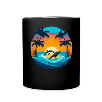 Coucher de soleil avec les dauphins - Mug uni - noir - Devant