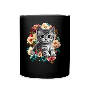 Katze Blumen - Tasse einfarbig - Schwarz - Vorne