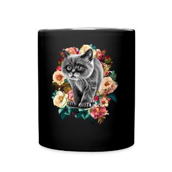 Katze Blumen - Tasse einfarbig - Schwarz - Vorne