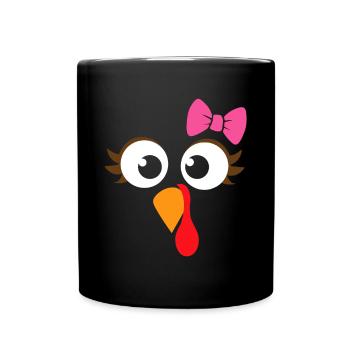 Turkey Face Girl Pink Bow | Kids Thanksgiving Gift - Full Colour Mug - black - Front