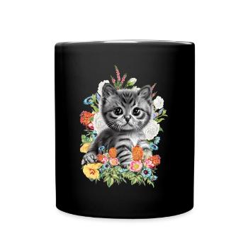 Katze Blumen - Tasse einfarbig - Schwarz - Vorne
