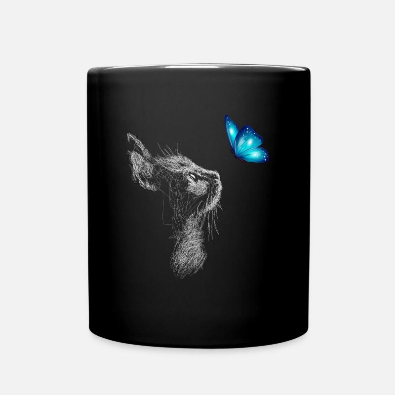 Schwarze Katze mit blauem Schmetterling - Tasse einfarbig - Schwarz