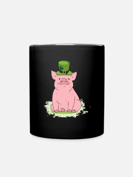 Lucky pig with top hat and shamrock - Full Colour Mug - black
