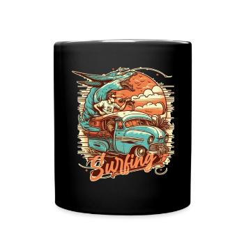Surfer and fantasy animal on the bus on a surf trip - Full Colour Mug - black - Front