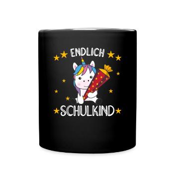 endlich Schulkind Einschulung Schule Einhorn - Tasse einfarbig - Schwarz - Vorne