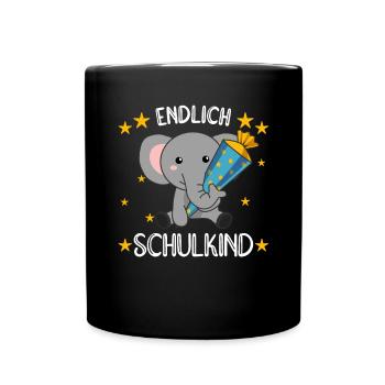 endlich Schulkind Einschulung Schule Elefant - Tasse einfarbig - Schwarz - Vorne