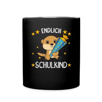 endlich Schulkind Einschulung Schule Erdmännchen - Tasse einfarbig - Schwarz - Vorne