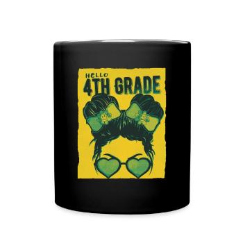 Hello 4th Grade Messy Bun Girls Cute Heart Back - Full Colour Mug - black - Front