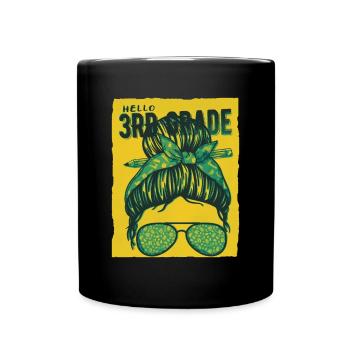 Hello 3rd Grade Messy Bun Girls Cute Heart Back - Full Colour Mug - black - Front