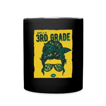 Hello 3rd Grade Messy Bun Girls Cute Heart Back - Full Colour Mug - black - Front