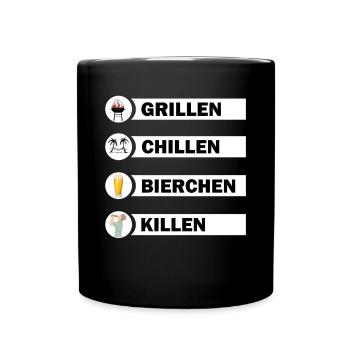 Grillen Chillen Bierchen Killen Grill Bier Spruch - Tasse einfarbig - Schwarz - Vorne