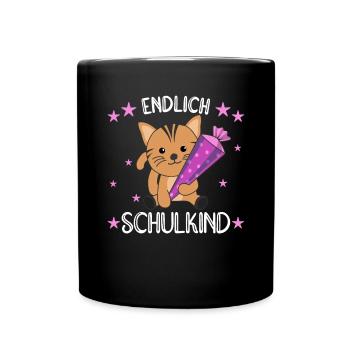 endlich Schulkind Einschulung Schule Katze - Tasse einfarbig - Schwarz - Vorne