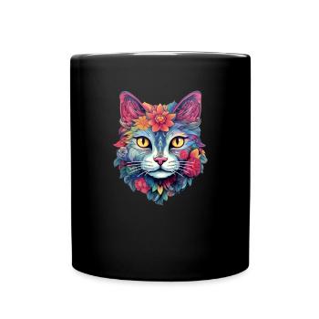 Katze Ästhetisches Blumen-Design - Tasse einfarbig - Schwarz - Vorne