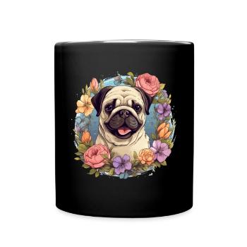 Pug Dog Breed Pet with flowers - graphic - Full Colour Mug - black - Front