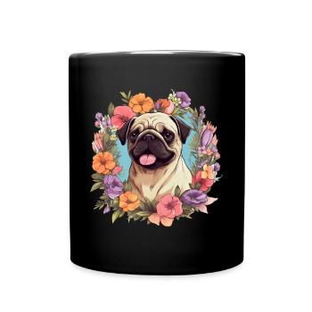 Pug Dog Breed Pet avec fleurs - graphique - Mug uni - noir - Devant