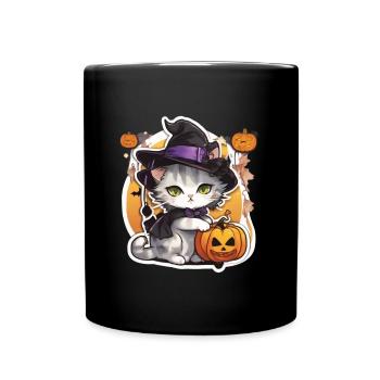 Weiße katze Katze Halloween Katze Hexe hexen Hut - Tasse einfarbig - Schwarz - Vorne