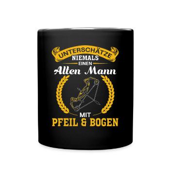 Unterschätze niemals einen Mann mit Pfeil & Bogen - Tasse einfarbig - Schwarz - Vorne