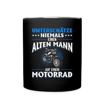 Unterschätze niemals einen Mann auf einem Motorrad - Tasse einfarbig - Schwarz - Vorne