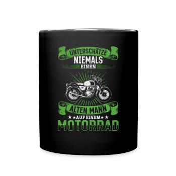 Unterschätze niemals einen Mann auf einem Motorrad - Tasse einfarbig - Schwarz - Vorne