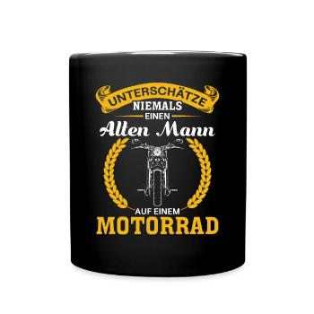 Unterschätze niemals einen Mann auf einem Motorrad - Tasse einfarbig - Schwarz - Vorne