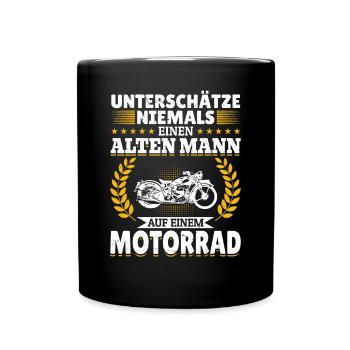 Unterschätze niemals einen Mann auf einem Motorrad - Tasse einfarbig - Schwarz - Vorne