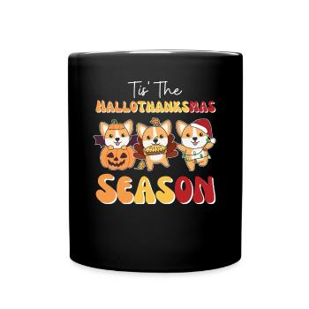 Tis' the Hallothanksmas Season Corgi - Full Colour Mug - black - Front