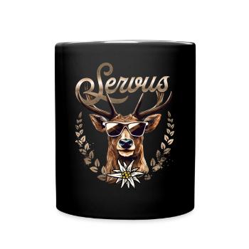 Trachtenshirt Herren Trachten T-Shirt Servus - Tasse einfarbig - Schwarz - Vorne