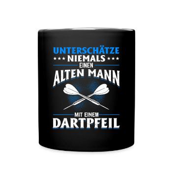 Unterschätze niemals ein Mann mit einem Dartpfeil - Tasse einfarbig - Schwarz - Vorne