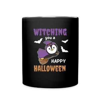 Pinguin Hexe Witching you a Happy Halloween - Tasse einfarbig - Schwarz - Vorne