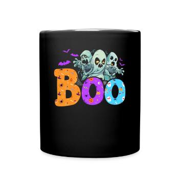 playful ghosts and the saying "BOO" - Full Colour Mug - black - Front