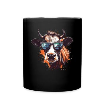Kuh mit Sonnenbrille - Tasse einfarbig - Schwarz - Vorne
