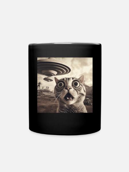 Lustige Ängstliche Katzen -Selfie UFO Alien - Tasse einfarbig - Schwarz