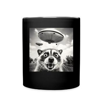 Funny Frightened Raccoon Selfie UFO Alien - Full Colour Mug - black - Front